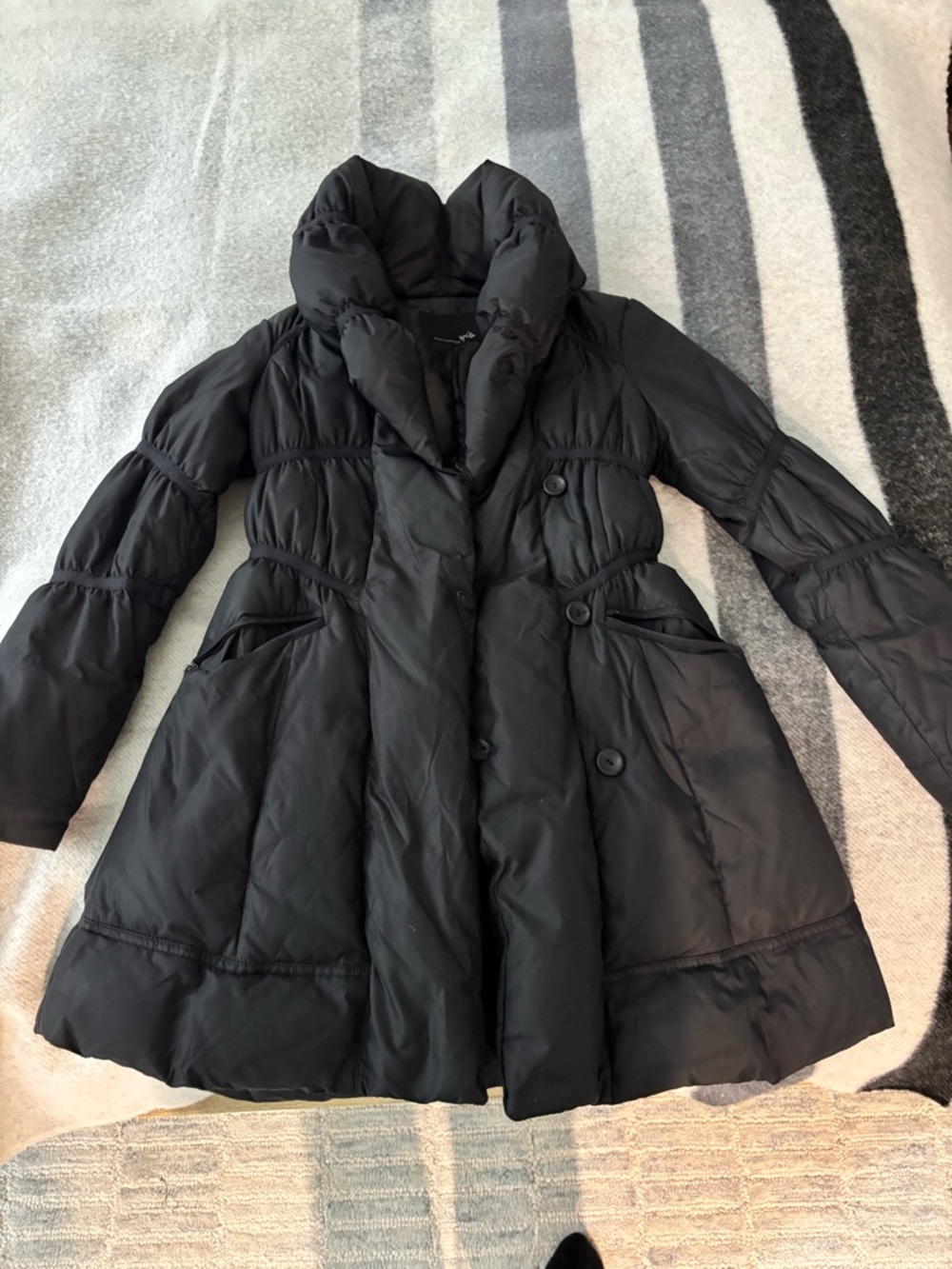 La Femme Black Quilted Puffer Coat with High Collar and Flared Hem